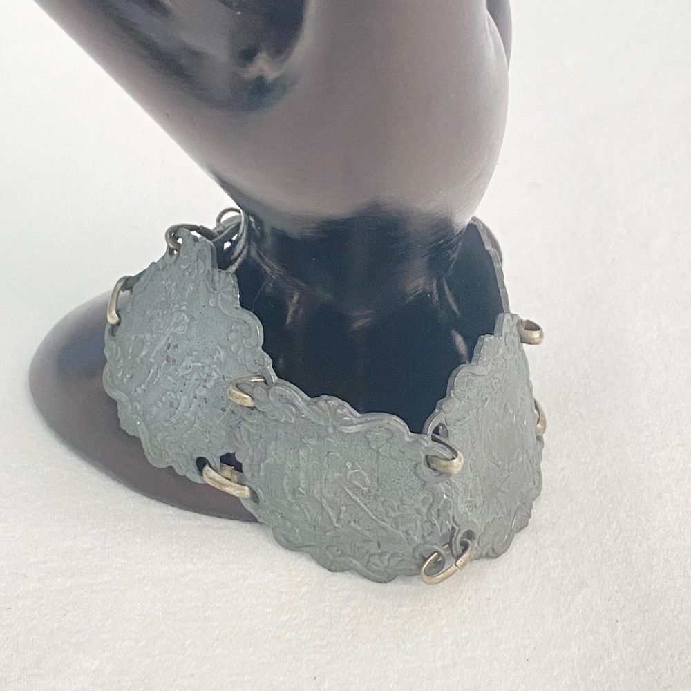 💎50s Spain Don Quixote Bracelet Antiqued Matte Gray Metal Story Plates In Chains